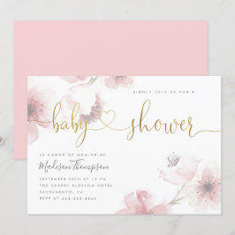 Cute Cherry Blommar Guld Script Blommigt Baby Show Inbjudningar