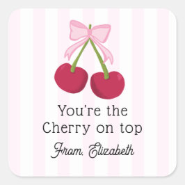 Cute Cherry Bow Pink Stripes Coquette Aesthetic Fyrkantigt Klistermärke