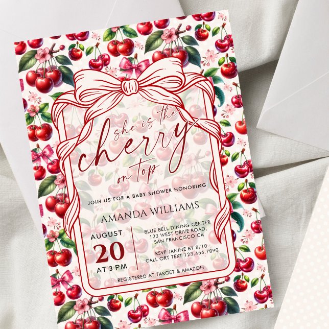 Cute Cherry Bow Themed Baby Shower Invitation Inbjudningar (Skapare uppladdad)