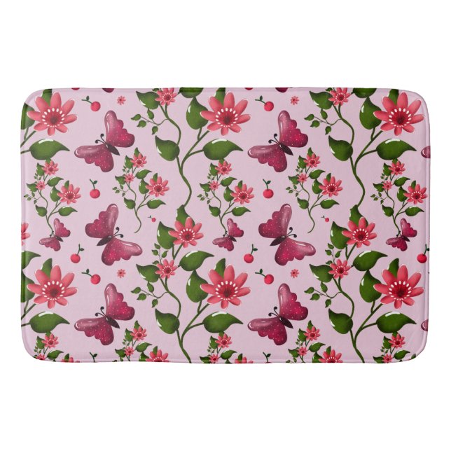 Cute Cherry Butterfly Pattern, Glossy Kawaii Fruit Badrumsmatta (Framsidan)