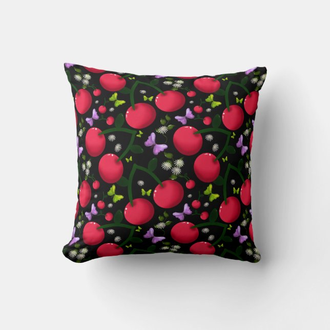 Cute Cherry Butterfly Pattern, Glossy Kawaii Fruit Kudde (Framsida)