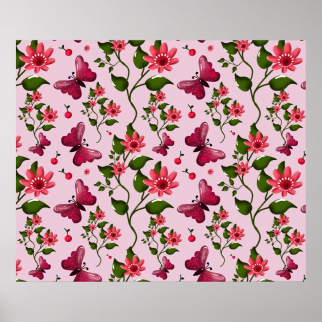 Cute Cherry Butterfly Pattern, Glossy Kawaii Fruit Poster (Framsidan)