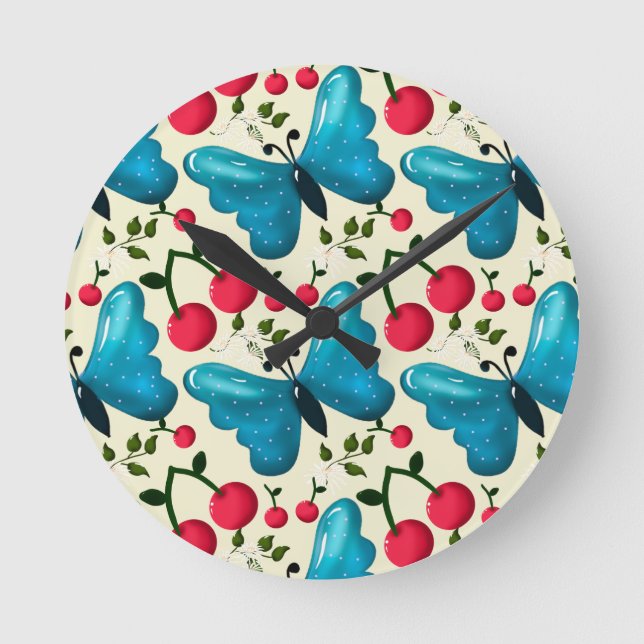 Cute Cherry Butterfly Pattern, Glossy Kawaii Fruit Rund Klocka (Framsida)