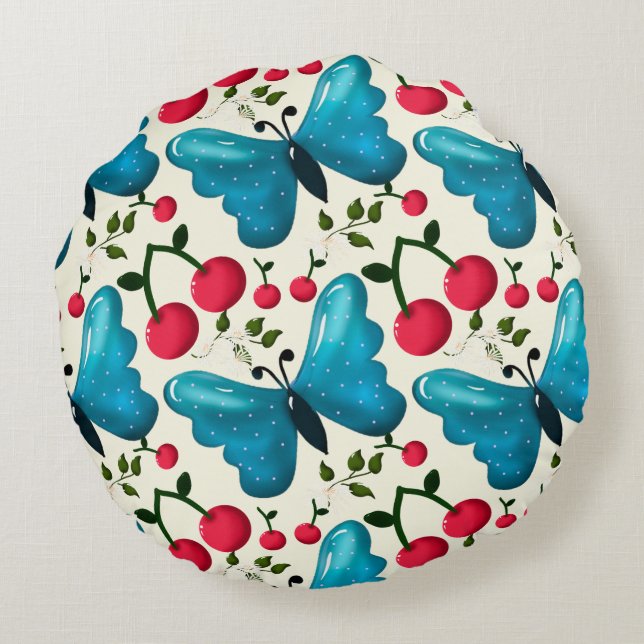 Cute Cherry Butterfly Pattern, Glossy Kawaii Fruit Rund Kudde (Baksidan)