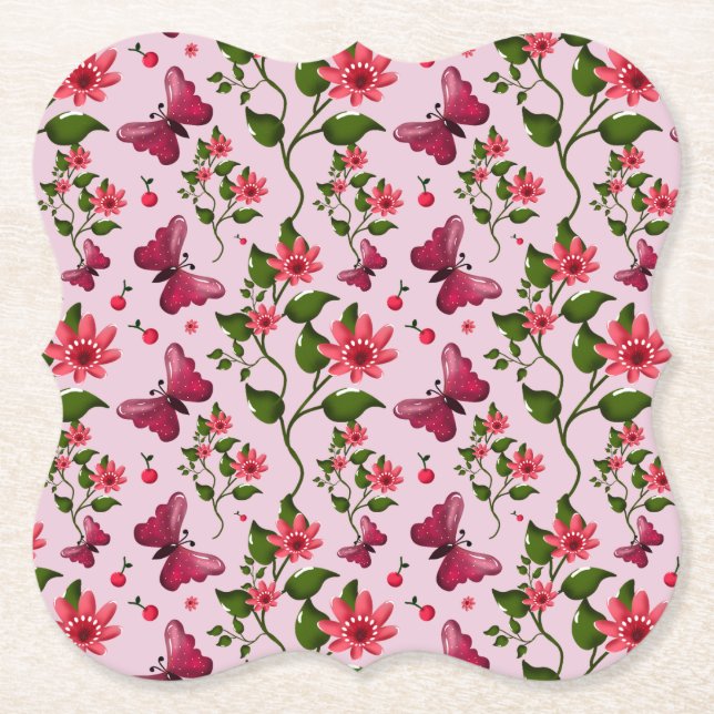 Cute Cherry Butterfly Pattern, Glossy Kawaii Fruit Underlägg Papper (Framsida)