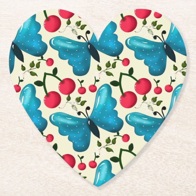 Cute Cherry Butterfly Pattern, Glossy Kawaii Fruit Underlägg Papper (Framsida)