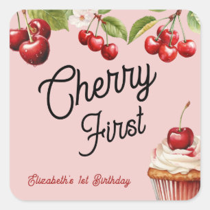 Cute Cherry First 1st Girly Birthday Rosa Fyrkantigt Klistermärke