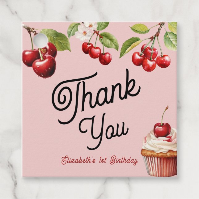 Cute Cherry First 1st Girly Birthday Rosa Gåvor Etiketter (Framsida)