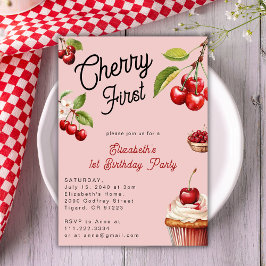 Cute Cherry First 1st Girly Birthday Rosa Inbjudningar