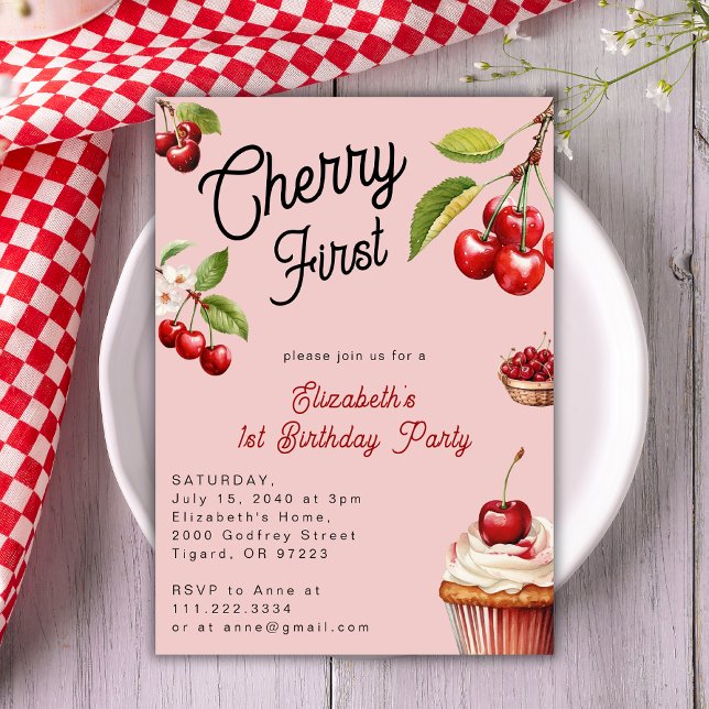 Cute Cherry First 1st Girly Birthday Rosa Inbjudningar (Skapare uppladdad)