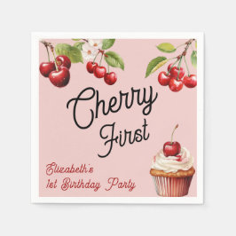Cute Cherry First 1st Girly Birthday Rosa Pappersservett
