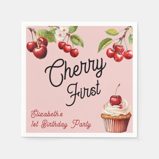 Cute Cherry First 1st Girly Birthday Rosa Pappersservett (Framsidan)