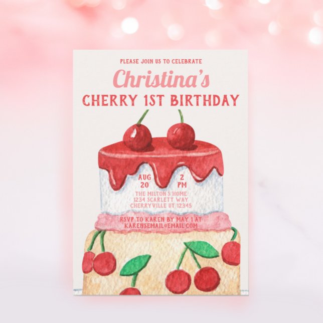 Cute Cherry First Sweet en Birthday Inbjudningar (Skapare uppladdad)