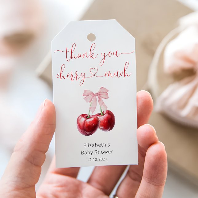 Cute Cherry med Bow Baby Shower Tack Presentetikett (Skapare uppladdad)