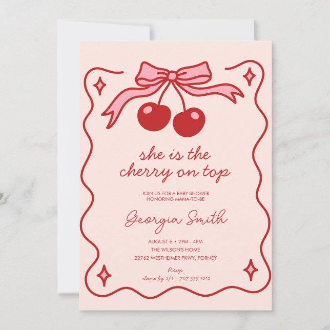 Cute Cherry on Top Bow Hand-draget Baby Shower Inbjudningar (Framsida)