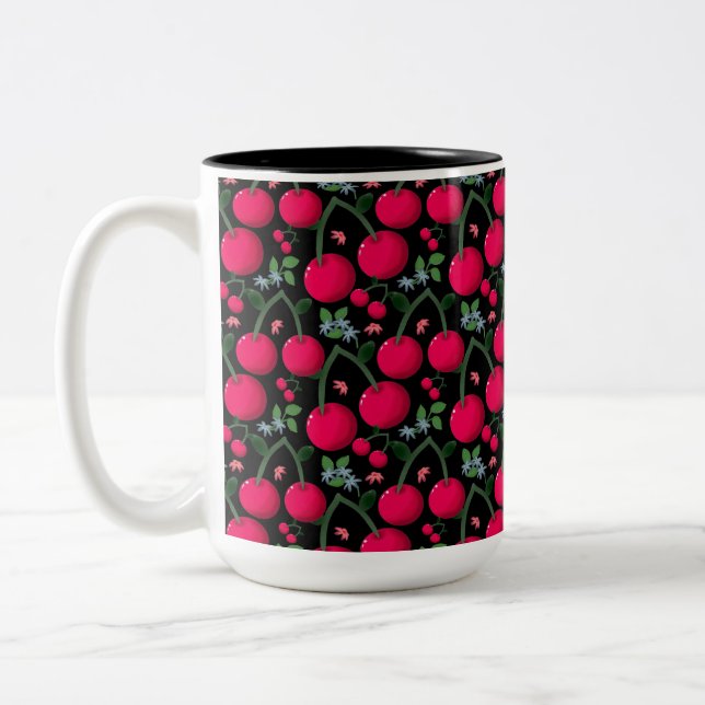Cute Cherry Pattern Aesthetic | Red Cherry Seamles Två-Tonad Mugg (Vänster)