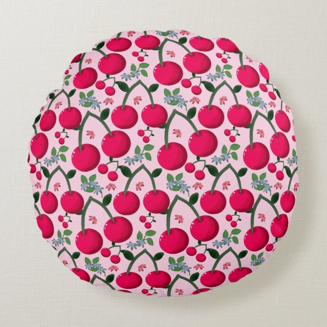 Cute Cherry  Pattern, Glossy Kawaii Fruit Rund Kudde (Framsidan)