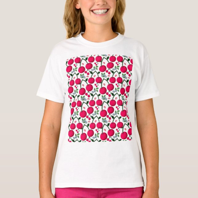 Cute Cherry  Pattern, Glossy Kawaii Fruit T Shirt (Framsida)