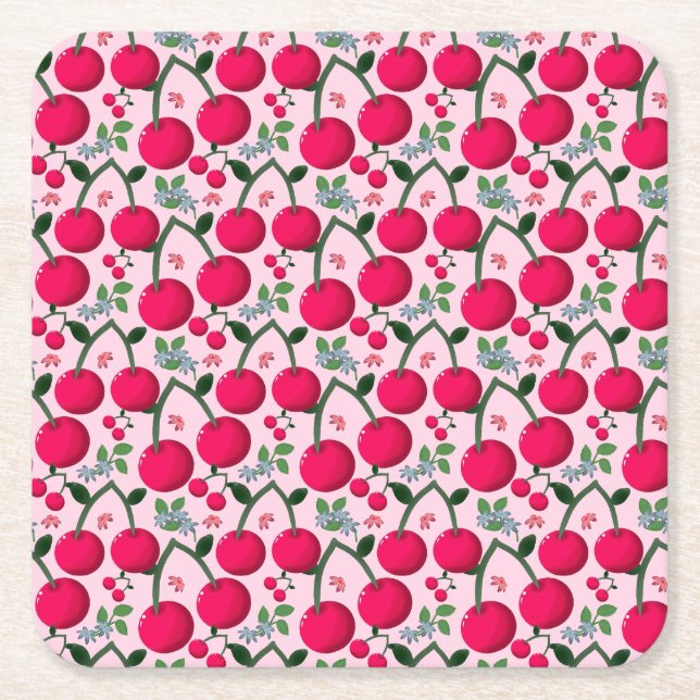 Cute Cherry  Pattern, Glossy Kawaii Fruit Underlägg Papper Kvadrat (Framsidan)