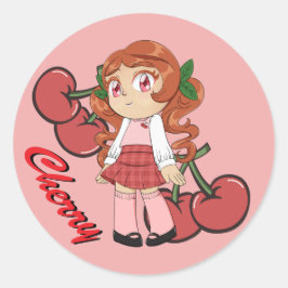 Cute Cherry Theme Chibi med Cherry Background Runt Klistermärke