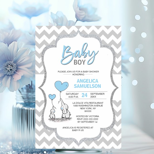 Cute Chevron Blue Grått Elephant Baby Shower BOY Inbjudningar (Cute Chevron Blue Grey Elephant Baby Shower BOY Invitation)