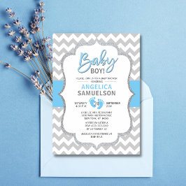 Cute Chevron Blue Grått Feet Baby Shower BOY Inbjudningar