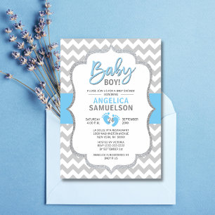 Cute Chevron Blue Grått Feet Baby Shower BOY Inbjudningar