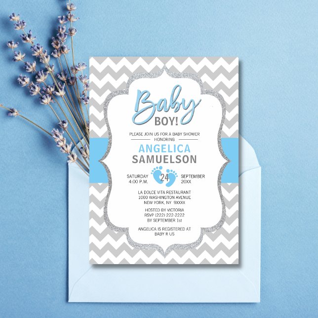 Cute Chevron Blue Grått Feet Baby Shower BOY Inbjudningar (Skapare uppladdad)