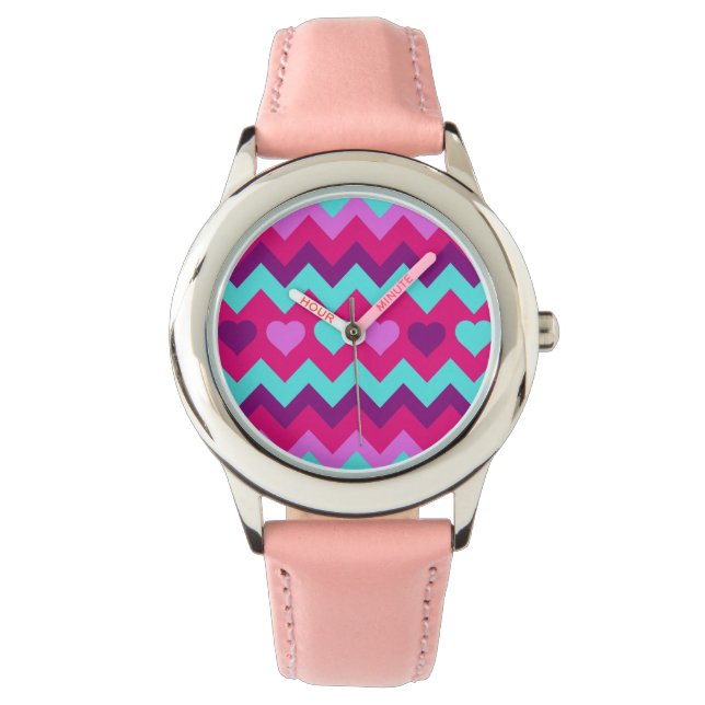Cute Chevron Hearts Rosa Teal Tonåring Girl Gifts Armbandsur (Framsida)