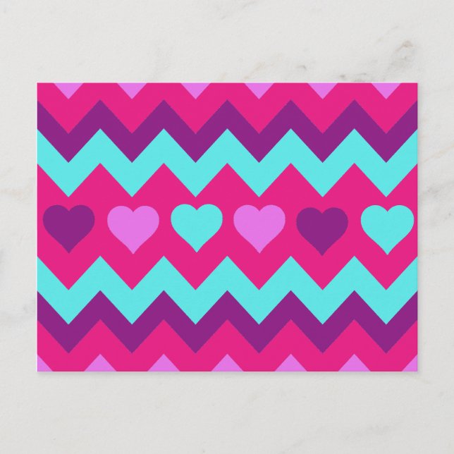 Cute Chevron Hearts Rosa Teal Tonåring Girl Gifts Vykort (Framsida)