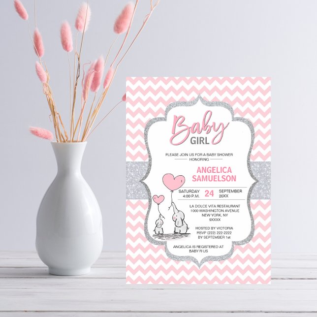 Cute Chevron Rosa Grått Elephant Baby Shower GIRL Inbjudningar (Skapare uppladdad)