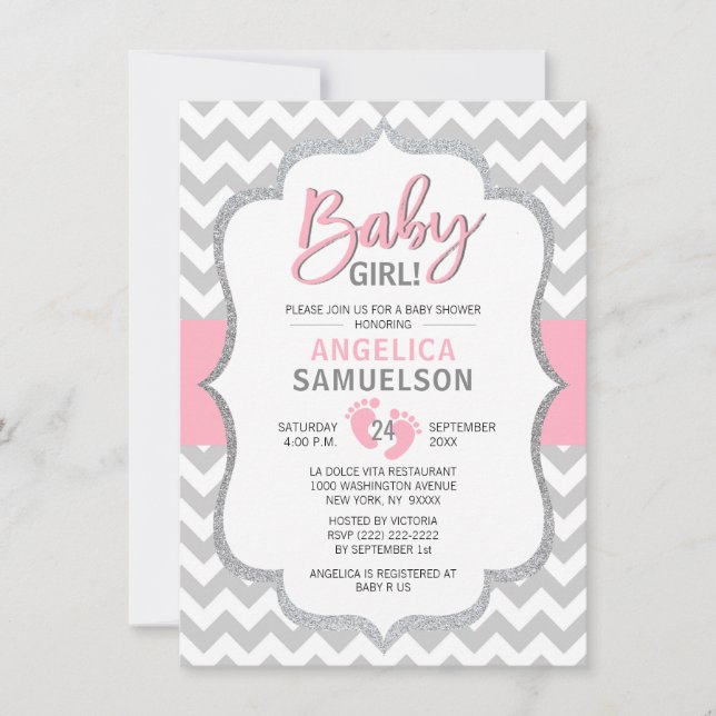 Cute Chevron Rosa Grått Feet Baby Shower GIRL Inbjudningar (Framsida)