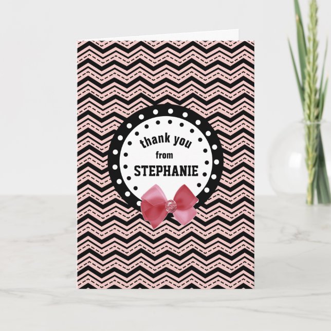 Cute Chevrons, Dots, Bow Rosa och White Z58 Tack Kort (Framsida)