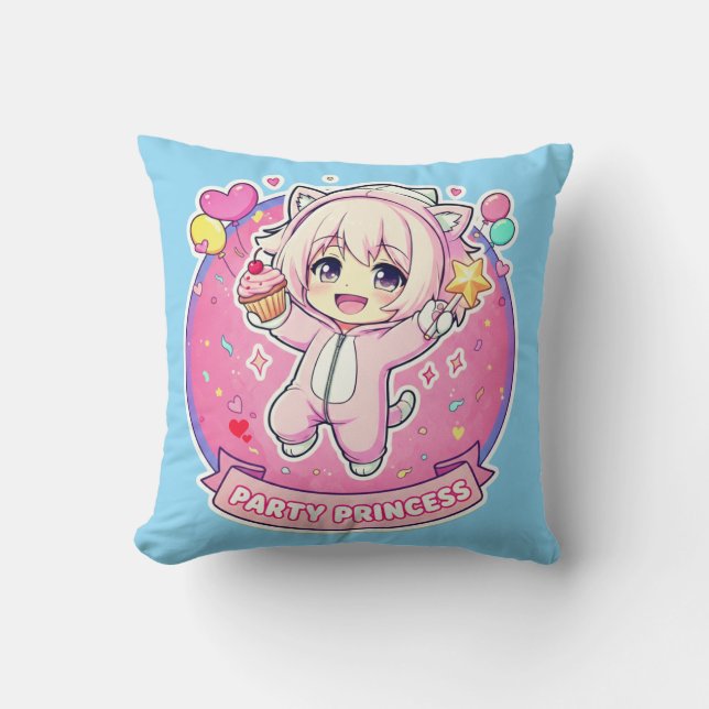 Cute Chibi Anime Girl Party Princess Throw Pillow Kudde (Framsida)