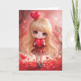 Cute Chibi Blonde Holding ett hjärta Kort