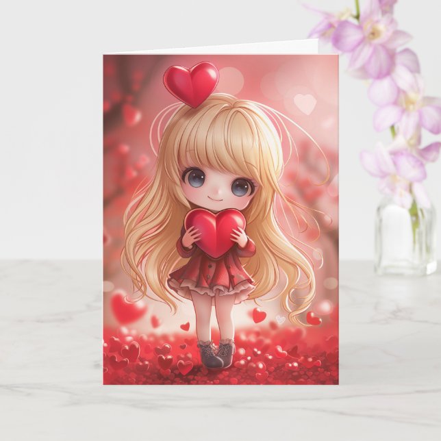 Cute Chibi Blonde Holding ett hjärta Kort (Orkide)