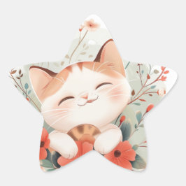 Cute Chibi Cat in Flowers Cat Lovers Gift Stjärnformat Klistermärke