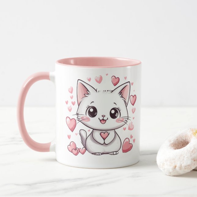 Cute Chibi Cat med Rosa Hearts Adsible Kawaii Mugg (Med munk)