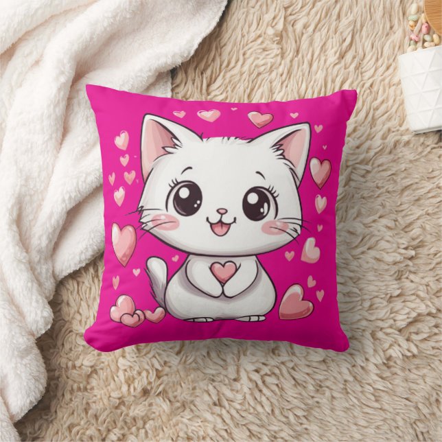 Cute Chibi Cat Rosa Pillow med Hearts Kawaii Kudde (Filt)