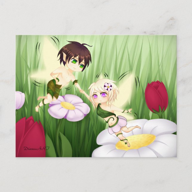 Cute Chibi Fairy Boy and Girl Vykort (Framsida)
