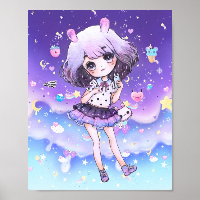 Cute chibi-flicka i kawaii pastel galaxy poster (Framsidan)