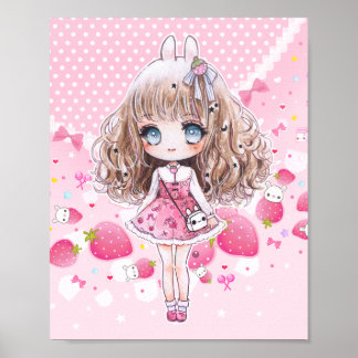 Cute chibi-flicka med kawaii-jordgubbar poster