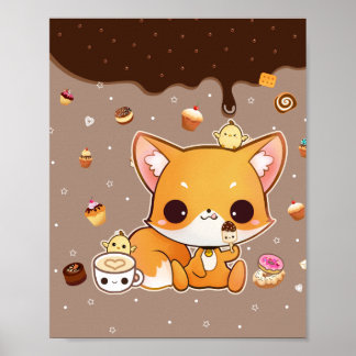 Cute chibi fox med kawaii glass poster