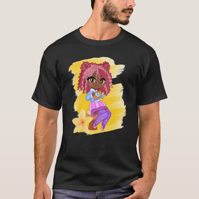 Cute Chibi Gacha Stil Mode Brown Girl with Flo T Shirt (Framsida)
