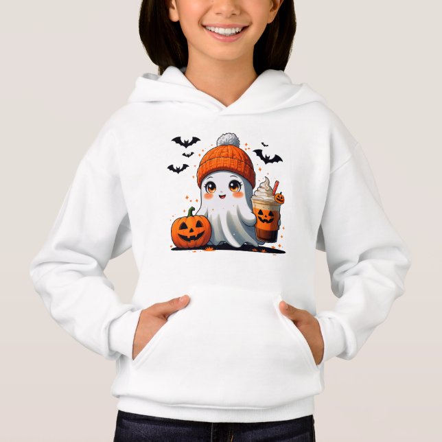 Cute Chibi Ghost with Beanie and Iced Coffee - Aut T Shirt (Framsida)