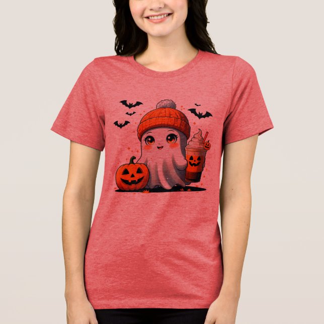 Cute Chibi Ghost with Beanie and Iced Coffee - Aut T Shirt (Framsida)
