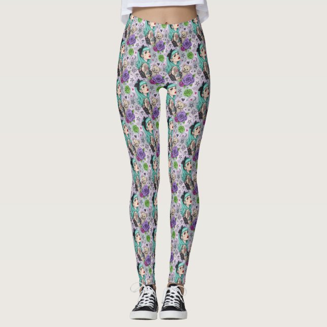 Cute Chibi Girl & Floral Pattern Leggings (Framsida)