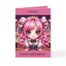 Cute Chibi Girl rosa hair Birthday Card