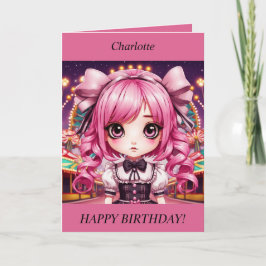 Cute Chibi Girl rosa hair Birthday Card Helgkort