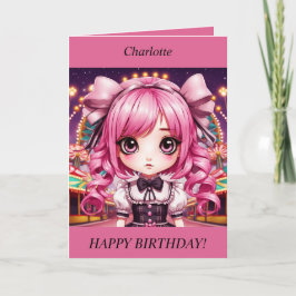 Cute Chibi Girl rosa hair Birthday Card Helgkort
